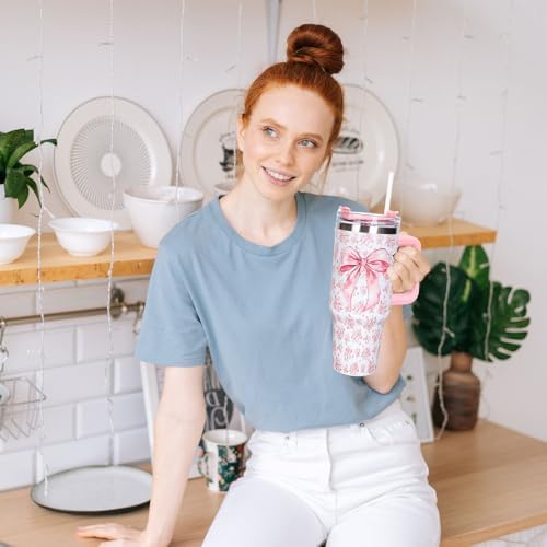 Whaline 40oz Bow Floral Tumbler with Handle Straw and Lid Coquette Bowknot Travel Tumbler Watercolor Flower Blossoms Cup Flower Coffee Cup for Women Friend Gift Holiday Birthday - Thumbnail 2