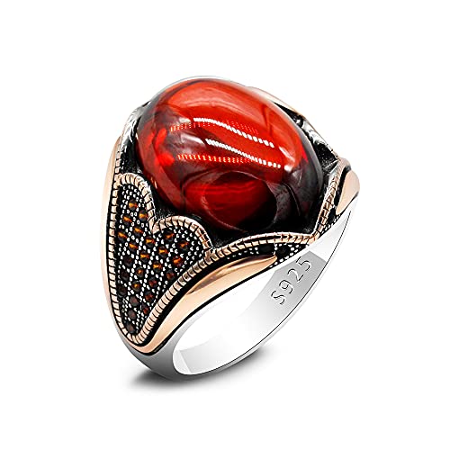 LovePlus Solid Silver Men Rings Red Garnet Stone Men's Ring Handmade Turkish Vintage Ring Luxury Jewelry Bands