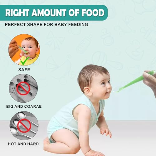 Image of GLUN Baby Feeding Spoons Pack of 2 Green & Blue Colour, BPA Free, Feeding for Baby, Toddlers, & Children, Silicone Spoon