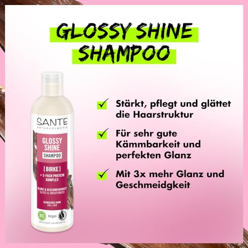 SANTE Naturkosmetik Glossy Shine Shampoo Bio-Birkenblattextrakt + 3-Fach Protein Komplex, vegane und feuchtigkeitsspendende Haarpflege für mehr Glanz und Geschmeidigkeit, mit zartem Kokosduft, 250ml