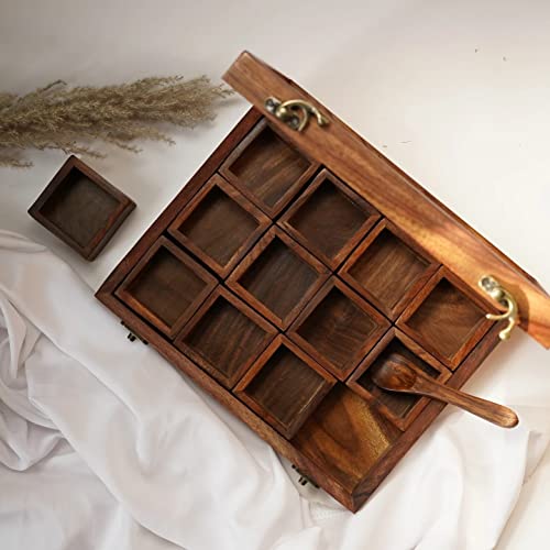 Image of THEHEARTWILL Sheesham Wooden Spice Box for Kitchen - 'Twelve Blends' Masala Container Dabba with 12 Containers & 2 Spoons | Wooden Masala Dani Box | Wooden Namak Dani for Kitchen