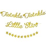 Star Garland Decorations - 2-Pack Gold Stars Banner Baby Shower Supplies, Kids Birthday Party Decorations with Twinkle Twinkle Little Star Letters, Gold, 10-Feet