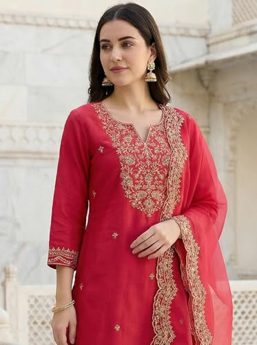 Image of INDO ERA Women's Embroidered Viscose Rayon Straight Kurta Pant with Dupatta Set