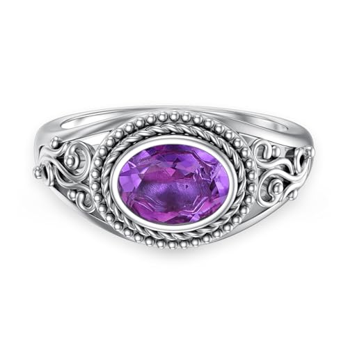 East-West Natural Amethyst Promise Ring for Women 8 * 6mm Oval Shaped Healing Amethyst Rings 925 Sterling Silver