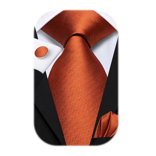 Hi-Tie Mens Burnt Orange Extra Long Necktie 70 inches Silk Tie and Pocket Square Cufflinks Set Men Big and Tall Tie Business