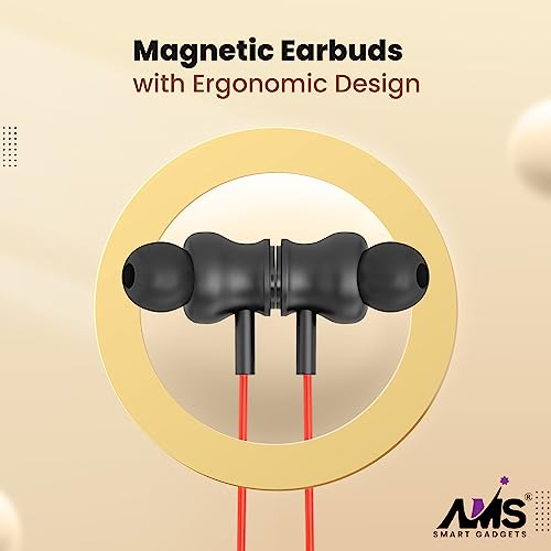 Image of AMS Football Series NB-26 Wireless Earphones Bluetooth Neckband Upto 30 hrs Playtime, in-Ear Wireless Headphones with Mic & Deep Bass, Clear Calls, Magnetic Earbud & Fast Charging-(Red)