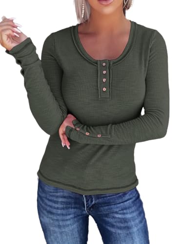 Image of KINLONSAIR Women Long Sleeve Henley Shirts Scoop Neck T-shirt Basic Tops | Lightweight Soft Ribbed Knit Tees, Casual Tunics,Slim Fit Button Up Top,Spring Outfits, Fall Winter Layering,Daily Wear