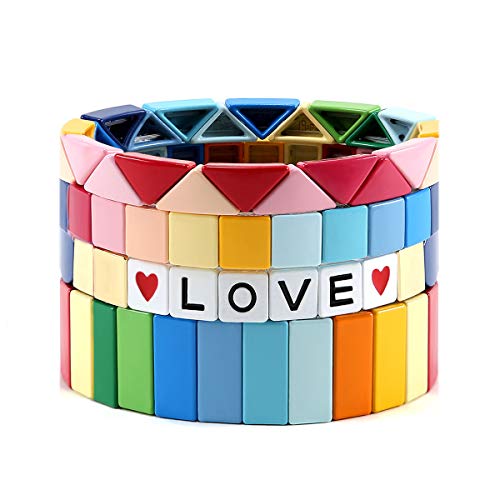 EnjoIt 4PCS Rainbow Tile Bracelets Set Multicolored Enamel Tile Bead Stretch Bracelets Rainbow Stackable Love Letter Beaded Strand Bracelets C2261