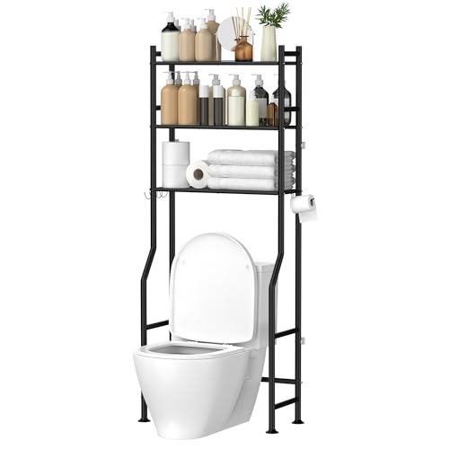 GloTika 3-Tier Over The Toilet Storage, Space Saver Metal Bathroom Shelves, Freestanding Above Over Toilet Storage Shelf with 4 Hooks for Bathroom, Black
