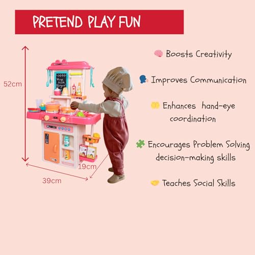 Image of PUREjoy Kitchen Play Set for Kids, Interactive Stove with Lights, Sounds & Steam, Working Water Sink, 42-Piece Accessory Set with Storage, Pink, 52cm