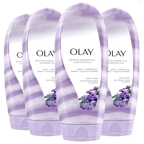 Olay Body Wash for Women Moisture Ribbons Plus Deep Conditioning & Moisturizing Formula Long Lasting Smooth Soft Skin For All Skin Types Shea Butter & Lavender Oil Scent 18 fl oz (Pack of 4)