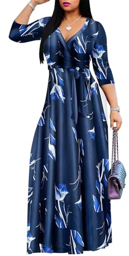 Image of Women's Floral Maxi Dress Summer Casual V-Neck 3 /4 Sleeve Long Bohemian Print Evening Party Dress