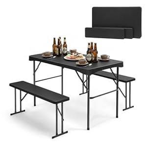 Sekey Bierzeltgarnitur Klappbar Kunststoff | 113 x 61 cm Esstisch Set mit 2 Bänken für 4 Personen | Festzeltgarnitur für drinnen - draußen | Biertisch Set Garten (Schwarz)
