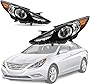Headlight Assembly Compatible with 2011-2014 Hyundai Sonata Black Headlamp Pair Replacement Left+Right