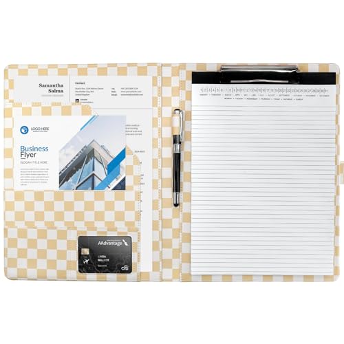 Image of Mymazn Padfolio Portfolio Folder, Faux Leather Interview Resume Folder with Document Organizer & Business Card Holder, Letter-Sized Notepad Legal Pad Holder for Men Women (Tan Checkered)