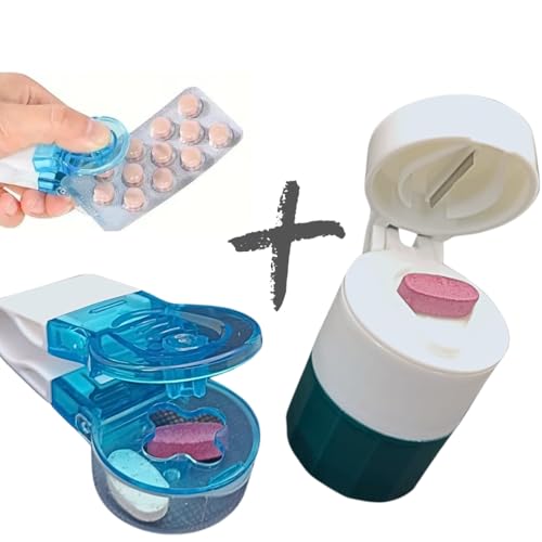 Cortador de Pastillas 4 en 1 con Perforador de Blíster – Corta, Muele, Almacena y Sirve como Vasito para Agua