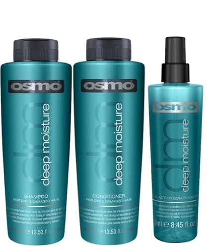 Osmo Deep Moisture 3-in-1 Haircare Set-Revive Dry & Damaged Hair, Boost Shine & Manageability-Hydrating Shampoo (400ml), Conditioner (400ml) & Miracle Repair (250ml) -Pataua Oil, Keratin & Argan Oil