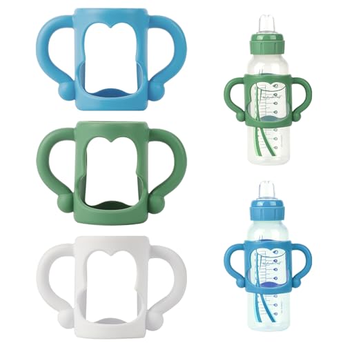 Image of Bottle Handles for Dr. Brown's Narrow Baby, Wide-Neck, Removable Easy-Grip Transitional Sippy Cup Handles, 100% Silicone-BPA-Free Material, 4m+ (White, Green, Blue)