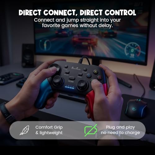 Image of PunnkFunnk Gaming Controller Lite Wireless Bluetooth Gamepad for Android, iOS, PC & Smart TV with Turbo Function, Ergonomic Grip, Rechargeable Battery (EliteX Wired Red Blue)