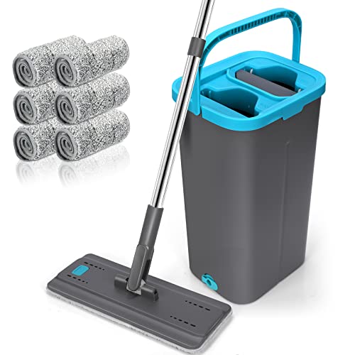 Myiosus Kit Balai Serpillère avec Seau Essoreur, Balai Serpillere Plat, Seau Humide et à Sec, 140 CM Poignée Réglable pour Nettoyage de Sol - 6 Tampon en Microfibre (Gris)