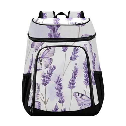 Butterfly Lavender Flwoer Purple Cooler Backpack Cooler Insulated Leak Proof Lunch Backpack 36 Cans Waterproof Soft for Men Women Picnic Hiking Camping Beach