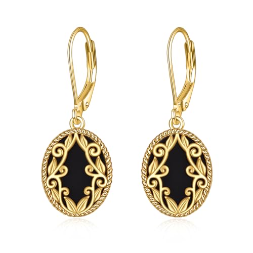Black Onyx Earrings Sterling Silver 18K Yellow Gold Plated Filigree Boho Dangle Earrings Jewelry Gifts for Women Girls