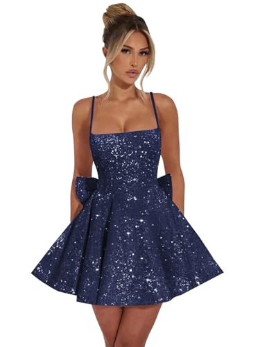 GUKARLEED Sequin Homecoming Dresses for Teens Spaghetti Straps Mini Formal Sequin HOCO Dress with Bow A-line Short Prom Dress