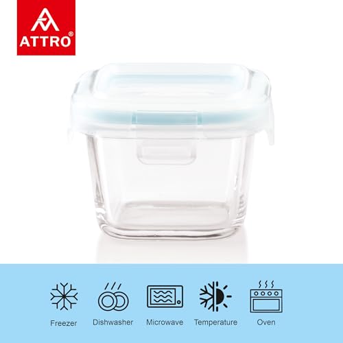 Image of ATTRO Glassox borosilicate Mini Square Glass food container with lock lid Small Food Container Air-Tight Leak-proof Bpa-Free Food Grade- 160ml Set of 2