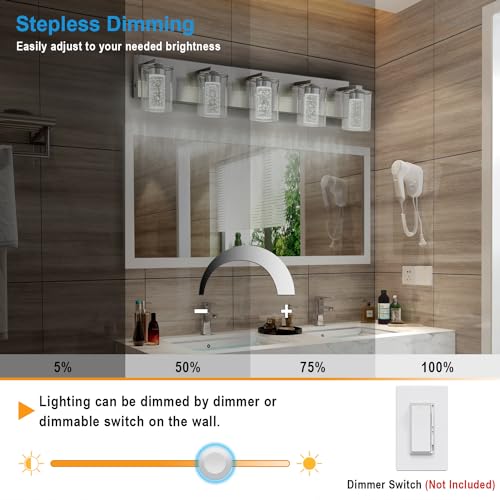 Image of SineRise Bathroom Vanity Light with 3 Color Modes (3000K /4000K /6000K), Eye Protection LED Bathroom Light Fixture, Dimmable Modern Wall Light Over Mirror with Clear Glass Shade (Nickel, 5-Light)