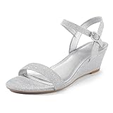 mysoft Women's Wedge Sandals 2 Inch Low Heel Open Toe Ankle Strap Summer Wedding Party Dress Shoes Silver