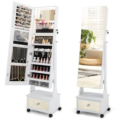 CHARMAID Jewelry Armoire with Full Length Mirror, 3-Color LED Lights, Lockable Jewelry Cabinet with Wheels, Storage Drawers, Rolling Jewelry Organizer Floor Standing, Gift Idea (White)