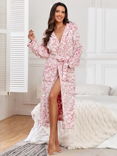 Image of RONGTAI Womens Robes Plush Fleece Hooded Bathrobe Thick Nightgown with Pockets Fluffy Sleepwear (US, Alpha, XX-Large, Plus, Long, Pink Leopard)