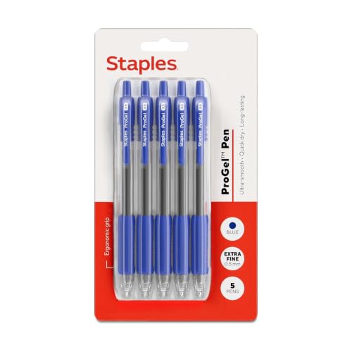 Image of STAPLES ProGel Retractable Gel Pen, Extra Fine Point, 0.5mm, Blue Ink, 5 /Pack