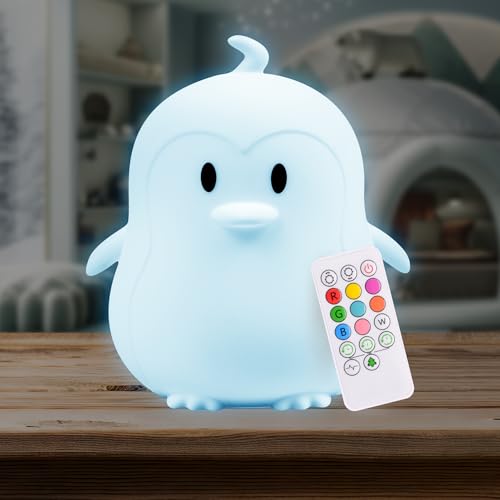 Image of Lumipets Remote Control Silicone Night Light for Kids - Penguin Design with 9 Soft Colors & Sleep Timer - Rechargeable, Battery-Operated Lamp for Bedroom | Baby Nursery, Toddler, Girls, Boys