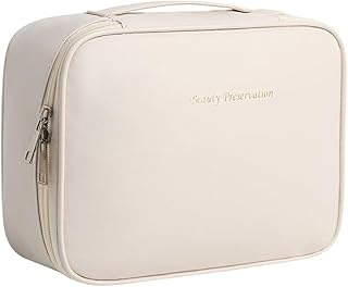 حقيبة مكياج كبيرة السعة للسفر، حقيبة تنظيم مستحضرات التجميل المحمولة مع حامل فرشاة قابل للازالة، صندوق تخزين مستحضرات التجميل متعدد الوظائف (بيج)