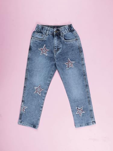 Image of KiddoPanti Girls Full Length Frayed Star Patch Washed Denim Jeans with Elasticated Waistband