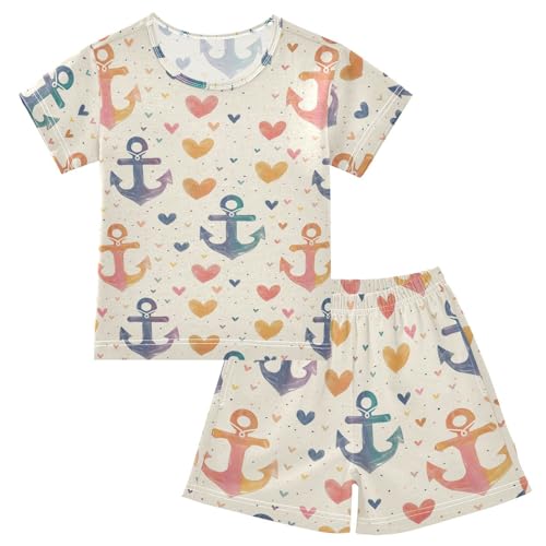 ALAZA Rainbow Hearts Anchor Pajama Set Short Sleeve Sleepwear Soft Lounge Nightwear