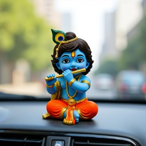 Image of UNOVATE Krishna Statue for Car Dashboard, Home Temple & Office Desk Decor. Krishna Idol for Pooja | (Blue Colour)