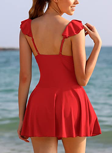 SHEKINI Women's One Piece Ruffle Swimsuit Tie Knot Front Ruched Vintage Swimdress3