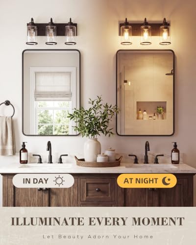 Image of Beionxii 3 Light Bathroom Light Fixtures, Oil Rubbed Bronze Vanity Lights with Clear Glass Shades, Vanity Lights Over Mirror, Wall Sconces for Kitchen Living Room Hallway Cabinet Porch, BX-VL01ORB-3CG