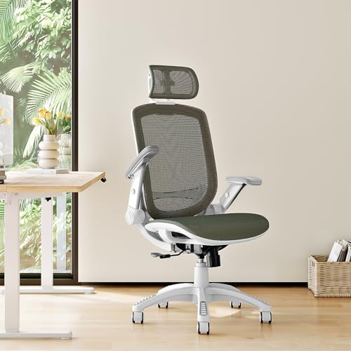 Image of GABRYLLY Ergonomic Office Chair, High Back Home Desk Chair with Headrest, Flip-Up Arms, 90-120 Tilt Lock and Wide Cushion, 300LBS Mesh Chairs for Man Woman, White Task Chair(Olive Green,GY01WOG)