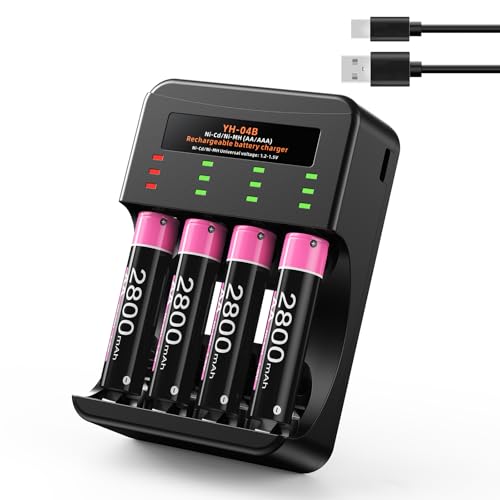AA Akkus Wiederaufladbar mit Ladegerät 4er-Pack,Akku-Ladegerät AAA/AA für NI-CD/NI-MH,Aufladbare Batterien A A NiMH 1.2V 2800mAh,für Gigaset Telefon,Talkie,Kamera,Spielzeug,Walkie