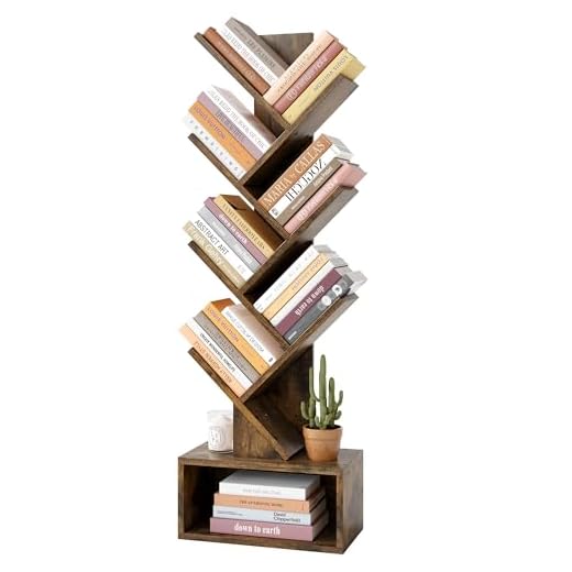 Hoctieon 6 Tier Tree Bookshelf, 6 Shelf Bookcase with Drawer, Modern Book Storage, Free Standing Tree Bookcase, Utility Organizer Shelves for Home Office, Living Room, Bedroom, Rustic Brown