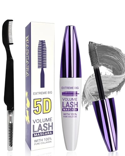 Máscara de pestañas 5D de fibra de seda gris, resistente al agua con cepillo de peine de pestañas, color rojo telescopic, resistente al agua, alargador, voluminoso, duradero, maquillaje de ojos para