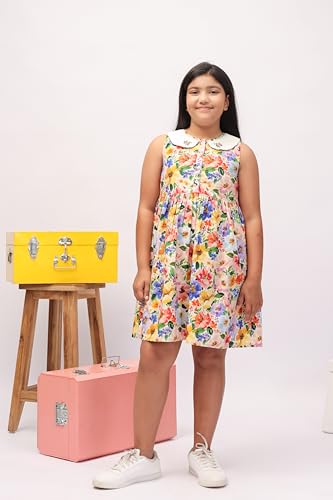 Image of Kids Girls Printed Embroidered Fusion Dress | Handmade Crafted Designer Ethnic Wear | 100% Cotton