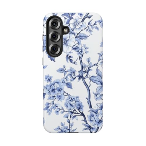 Motif floral vintage bleu élégant sur coque brillante Samsung S25 Plus