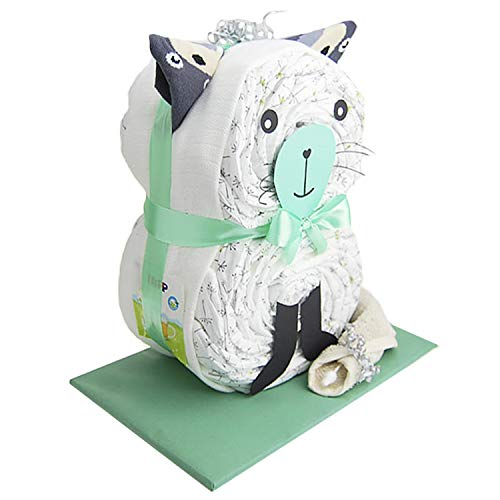 com – Katze | Windeltorte in Grün - inkl. 24 LILLYDOO Windeln | Geschenk zur Geburt | Taufgeschenk | Geschenk zur Babyparty – handgefertigt