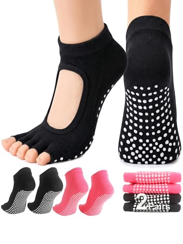 PAPAJIANG 1/2 Pairs Pilates Socks with Grips for Women Non Slip Yoga Barre Grippy Gripper Socks Woman Toe Socks Size 5.5-8.5
