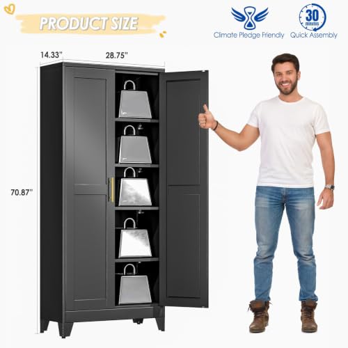 Image of GAIOUS 71 inch Tall Metal Storage Cabinet with 2 Doors and 4 Adjustable Shelves, Kitchen Pantry Cabinet Black Freestanding Cupboard, 5 Tier Multifunctional Steel Storage for Office, Kitchen, Dining Room
