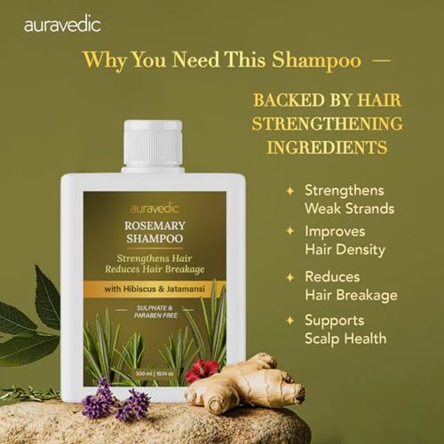 Image of Auravedic Rosemary Shampoo For Hair Growth 300ML Anti Hair Fall Shampoo For Women Men Rosemary Oil For Hairfall with Hibiscus Peppermint Leaf Menthol Ginger Moringa Jatamansi & Tea Tree Oil